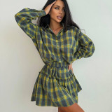 Women Plaid Long-sleeved Shirt and Pleated Skirt Two-piece Set