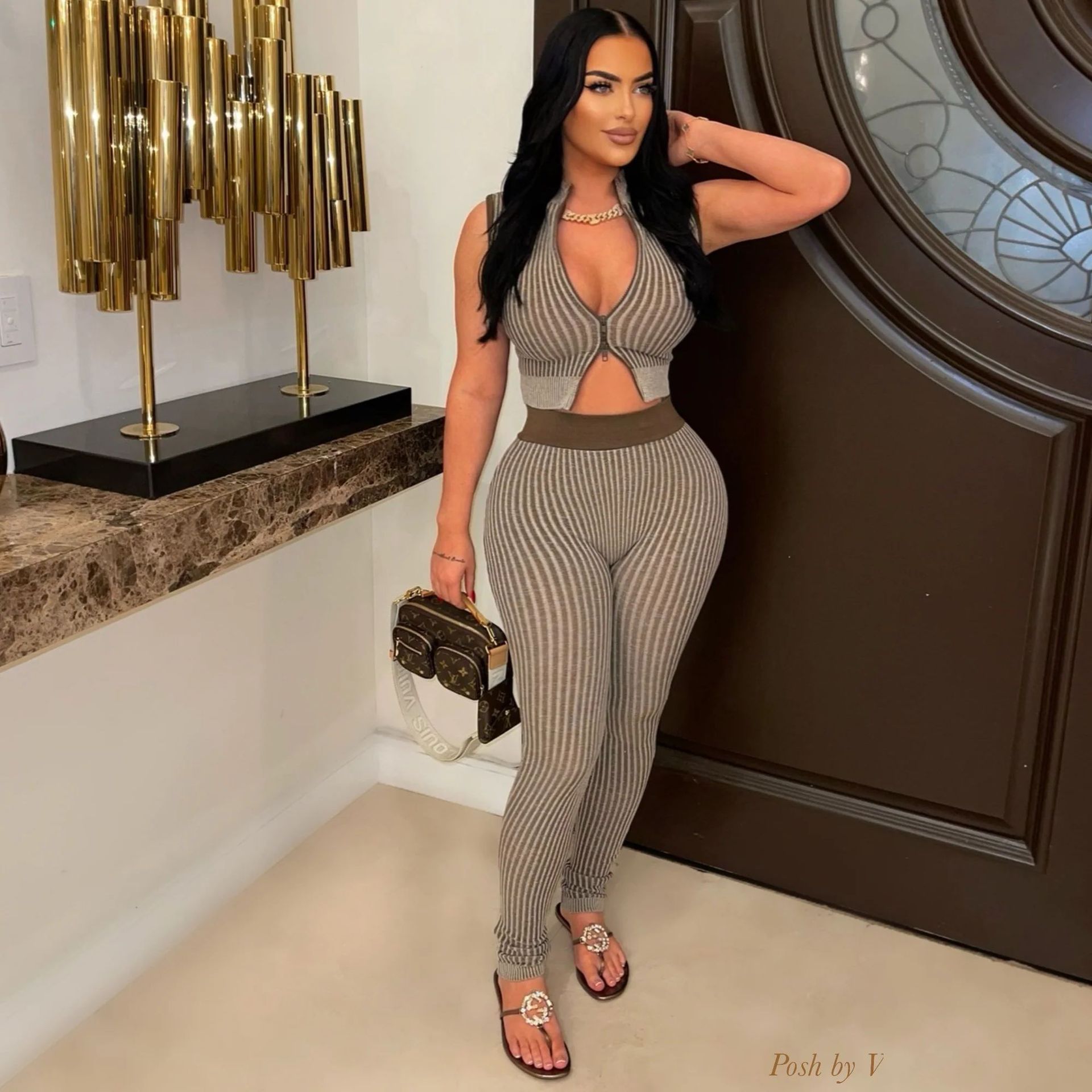 Women's Casual Sexy Knitting sleeveless Crop top High Waist Pants Two-piece Set