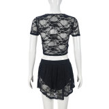lace hollow Crop Short-sleeved top short skirt fashion sexy two piece set for women