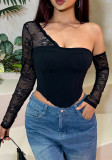 Women Sexy Slash Shoulder Lace Patchwork Top