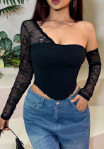 Women Sexy Slash Shoulder Lace Patchwork Top