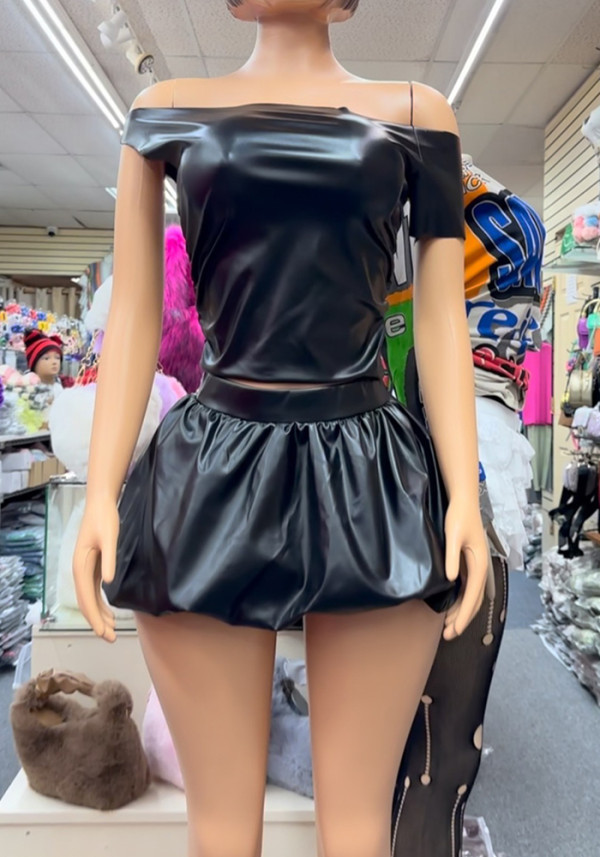 Women Pu-Leather Top and Skirt Two-piece Set