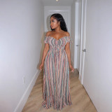 Women Spring Summer Striped Print Off Shoulder Lace-up Dress