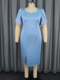 Plus Size Women Elegant Square Neck Pearl Slit Dress