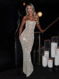 Women Sexy Backless Slit Strapless Dress
