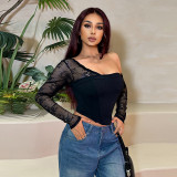 Women Sexy Slash Shoulder Lace Patchwork Top