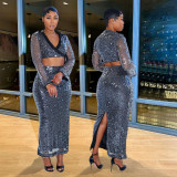 Turndown Collar Deep V Long Sleeve Sequin crop Top Bodycon Skirt Two-piece Set
