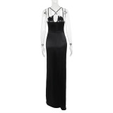 Women Sexy Cross Halter Neck Suspender Slit Dress