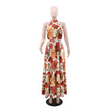Summer Women's Flower Print Halter Neck Sleeveless Chic Long Dress