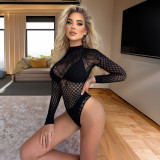 Hollow Low Back Slim Sexy Lingerie Women's Temptation Long Sleeve Mesh Bodysuit