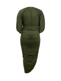 Women's Fashion Elegant Solid Color Round Neck Half Sleeve Fashion Pleated Long Dress