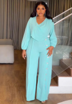 Sexy Lantern Sleeve Slim Waist Button Decoration Wide Leg Jumpsuit Sexy Lantern Sleeve Slim Waist Button Decoration Wide Leg Jumpsuit