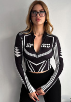 Women's Spring And Autumn Street Fashion Trendy Style Printed Zipper Turndown Collar Long Sleeve Top
