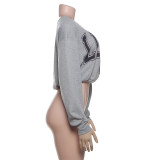 Women's Autumn Winter Letter Print Casual Slash Shoulder Loose Crop Long Sleeve T-Shirt