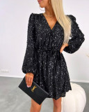 Summer Women's V-Neck Fashion Sequins Slim Waist Lace-Up Low Back Short Dress