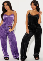 Women's Fashion Sexy Strap Velvet Top Pant Two-Piece Sleepwear