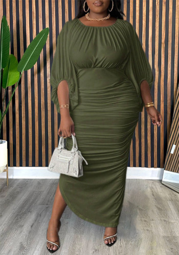 Women's Fashion Elegant Solid Color Round Neck Half Sleeve Fashion Pleated Long Dress