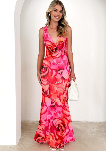 Spring Summer Sleeveless V-Neck Printed Sexy Long Dress