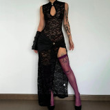 Sexy Fashion Lace Hollow High-Slit Slim Sleeveless Long Dress