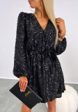 Summer Women's V-Neck Fashion Sequins Slim Waist Lace-Up Low Back Short Dress