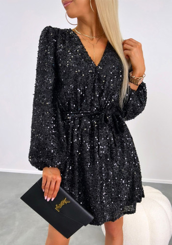 Summer Women's V-Neck Fashion Sequins Slim Waist Lace-Up Low Back Short Dress