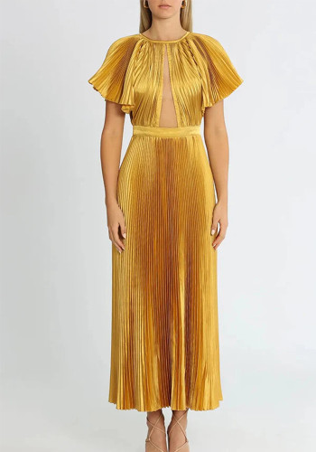 Fashion Round Neck Solid Color Ruffle Sleeve Pleated Formal Party Women's Evening Dress