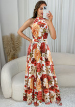 Summer Women's Flower Print Halter Neck Sleeveless Chic Long Dress