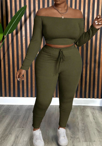 Women's Fashion Solid Color Off Shoulder Long Sleeve Two Piece Pants Set