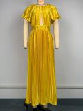 Fashion Round Neck Solid Color Ruffle Sleeve Pleated Formal Party Women's Evening Dress