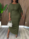 Women's Fashion Elegant Solid Color Round Neck Half Sleeve Fashion Pleated Long Dress