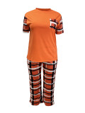 Women's Fashion Round Neck T-Shirt Pocket Printed Trousers Plus Size Two-Piece Set