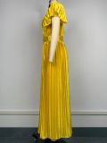 Fashion Round Neck Solid Color Ruffle Sleeve Pleated Formal Party Women's Evening Dress