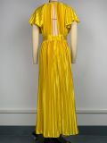 Fashion Round Neck Solid Color Ruffle Sleeve Pleated Formal Party Women's Evening Dress