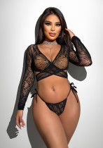 Hollow Low Back Cross Lace-Up Sexy Women's Temptation Long Sleeve Mesh Lingerie Set Hollow Low Back Cross Lace-Up Sexy Women's Temptation Long Sleeve Mesh Lingerie Set