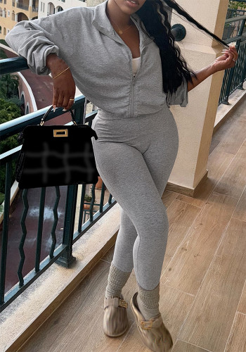 Women's Fashion Solid Color Zipper Long Sleeve Top Slim Pants Plus Size Two-Piece Set