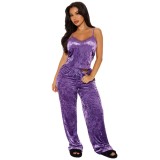 Women's Fashion Sexy Strap Velvet Top Pant Two-Piece Sleepwear