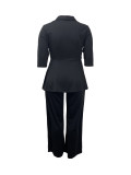 Women's Fashion Career Long Sleeve Turndown Collar Zipper Top Wide Leg Pants Solid Color Suit