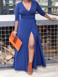 Women's Fashion Solid Color V-Neck Long Sleeve Slit Long Dress