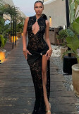 Sexy Fashion Lace Hollow High-Slit Slim Sleeveless Long Dress