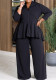 Women's Fashion Career Long Sleeve Turndown Collar Zipper Top Wide Leg Pants Solid Color Suit