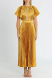 Fashion Round Neck Solid Color Ruffle Sleeve Pleated Formal Party Women's Evening Dress