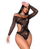 Hollow Low Back See-Through Beaded Sexy Lingerie Women's Temptation Long Sleeve Mesh Bodysuit