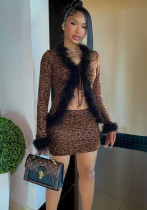 Fashionable Sexy Fur Patchwork Leopard Print Long-Sleeved Top Slim Mini Skirt Two-Piece Set Fashionable Sexy Fur Patchwork Leopard Print Long-Sleeved Top Slim Mini Skirt Two-Piece Set