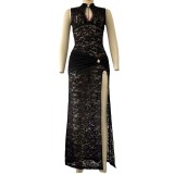 Sexy Fashion Lace Hollow High-Slit Slim Sleeveless Long Dress