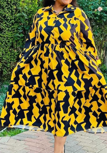 Fashionable Long Sleeve Elastic Slim Waist Loose Plus Size Printed Dress