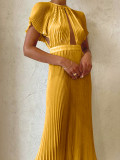 Fashion Round Neck Solid Color Ruffle Sleeve Pleated Formal Party Women's Evening Dress