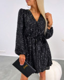 Summer Women's V-Neck Fashion Sequins Slim Waist Lace-Up Low Back Short Dress