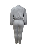 Women's Fashion Solid Color Zipper Long Sleeve Top Slim Pants Plus Size Two-Piece Set
