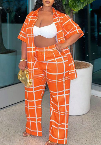 Women's Fashion Turndown Collar Short Sleeve Shirt Pants Plus Size Two-Piece Set