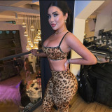 Women Spring Sexy Leopard Top and Pants Two-piece Set